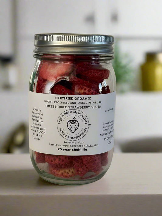 Freeze Dried Strawberry Slices Certified by California Certified Organic Farmers a USDA Accredited Agency | Vacuumed Sealed in 1 PINT Glass Jar | Hand Crafted | Grown and made in USA | Pure Slices Zero Fillers, Preservatives or Additives.