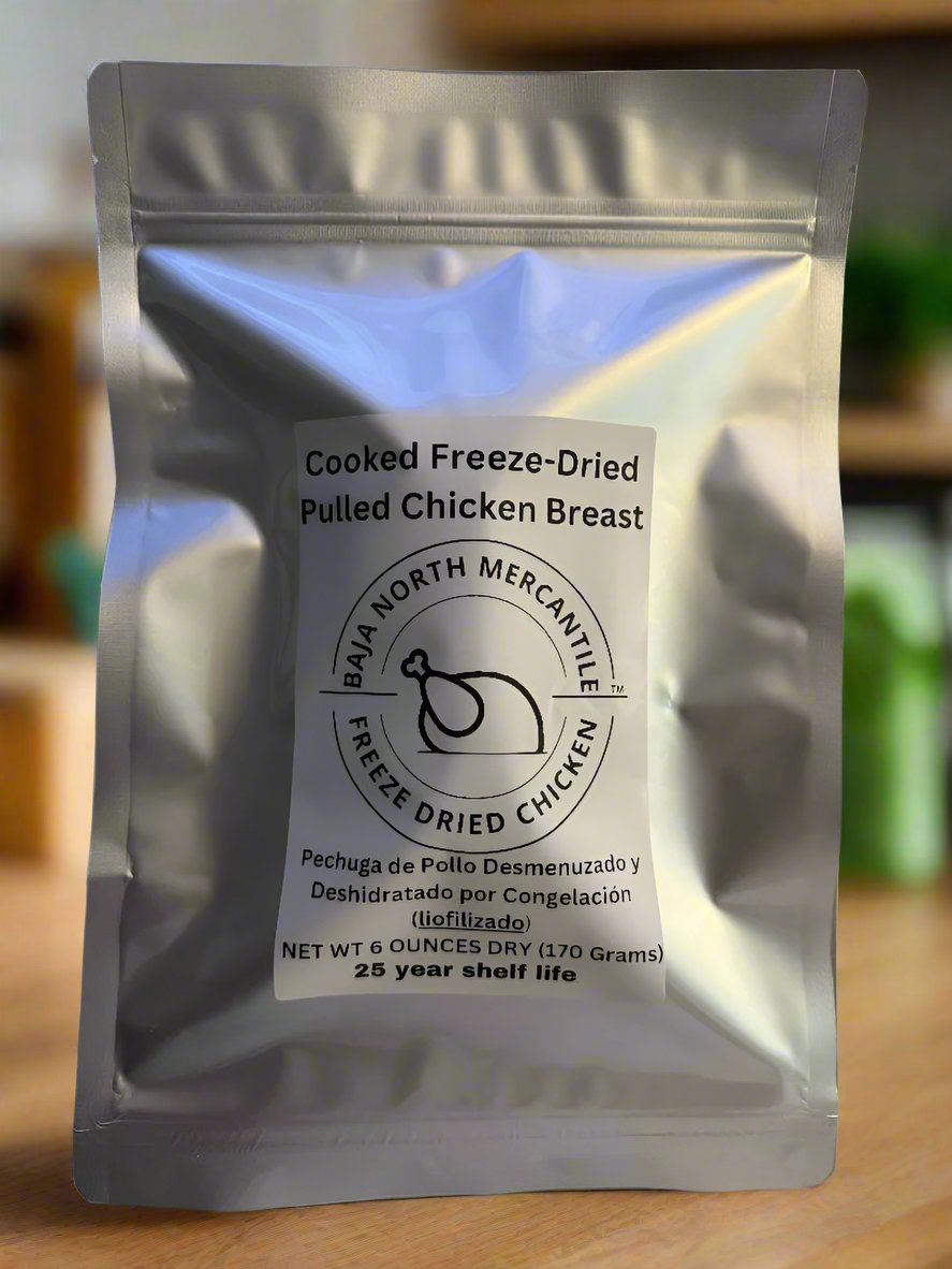 Pulled Bonesless/Skinless Chicken Breast 6oz makes 1.8lbs hydrated 25 year shelf life. Designed for Backpackers and Emergency Preparedness