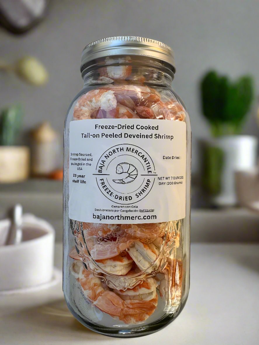 Freeze-Dried -COOKED- Tail-on Deveined Shrimp in Large Half Gallon Jar Makes 2 Pounds Rehydrated