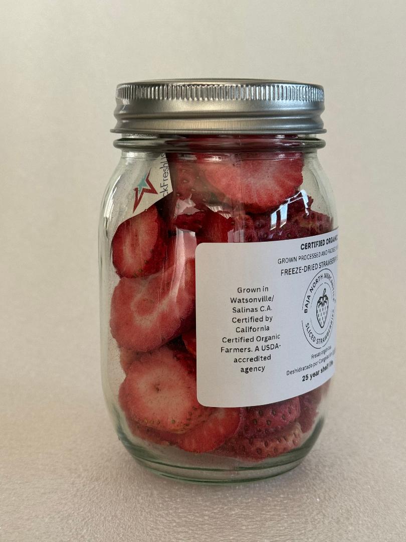 Freeze Dried Strawberry Slices Certified by California Certified Organic Farmers a USDA Accredited Agency | Vacuumed Sealed in 1 PINT Glass Jar | Hand Crafted | Grown and made in USA | Pure Slices Zero Fillers, Preservatives or Additives.