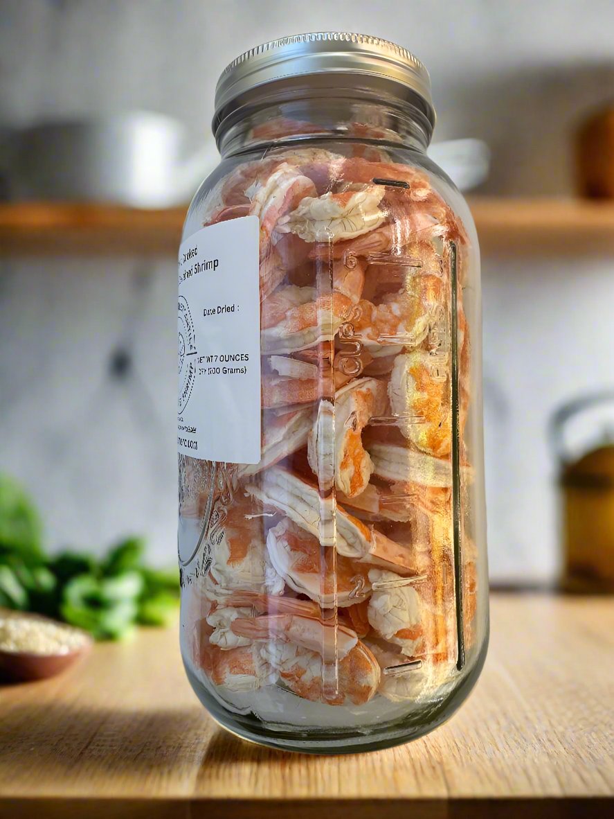 Freeze-Dried -COOKED- Tail-on Deveined Shrimp in Large Half Gallon Jar Makes 2 Pounds Rehydrated