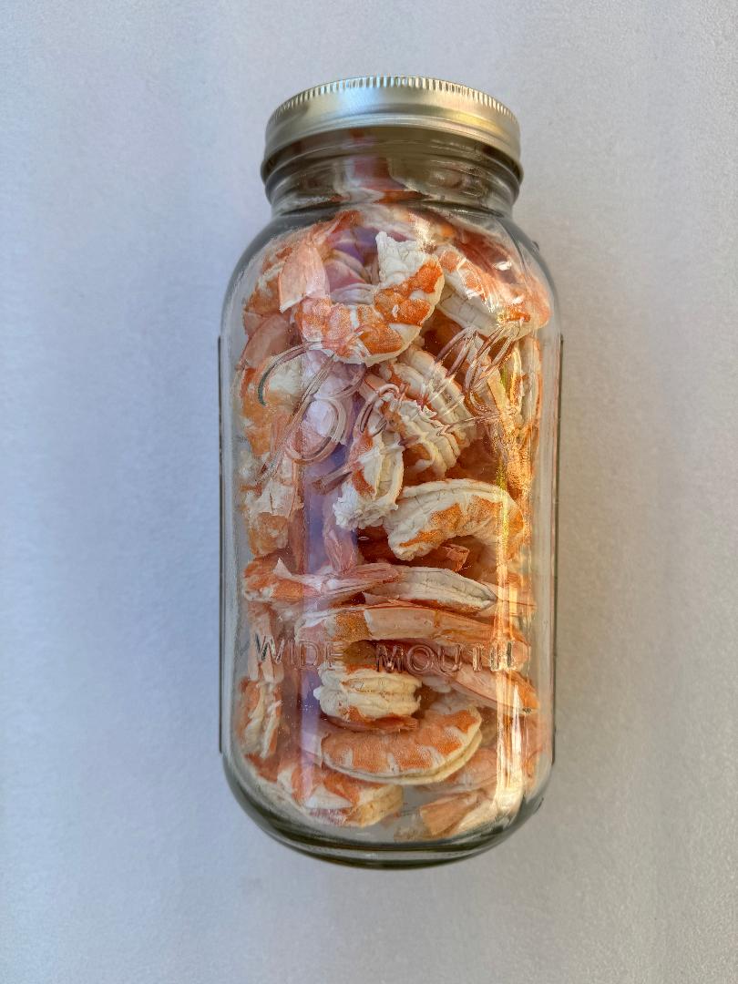 Freeze-Dried -COOKED- Tail-on Deveined Shrimp in Large Half Gallon Jar Makes 2 Pounds Rehydrated