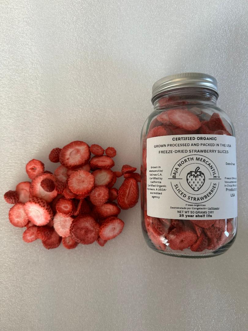 Freeze-Dried Strawberry Slices Certified by California Certified Organic Farmers a USDA Accredited Agency | Vacuumed Sealed in Glass Jars | Hand Crafted | Grown and made in USA | Pure Slices Zero Fillers, Preservatives or Additives.